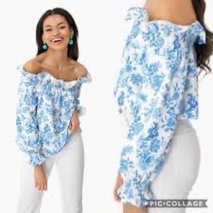 Tuckernuck Marguerite Blouse Medium Blue and White Chintz Print